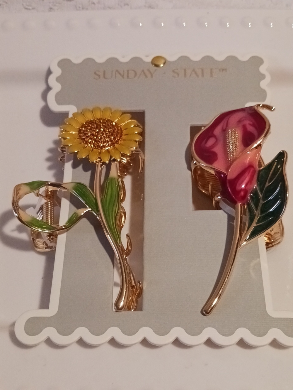 Gorgeous! Gold-Tone Floral Hairclips Yellow Sunflower & Pink Calla 🌻🌷🌺🌻